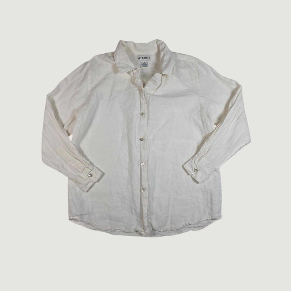 Merona 100% Linen Button Down Shirt Long Sleeve Medium Ivory Coastal Minimalist